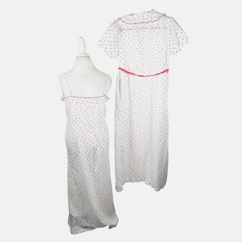 Vintage Strawberry Print Nightgown Robe Set Peignoir Pink White Cottage Size S - Picture 10 of 14